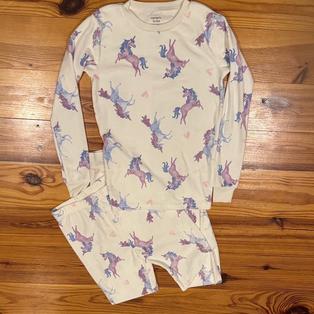 NWOT Carters Unicorn Print Kids Pajama Set - Cream and Purple size 12
